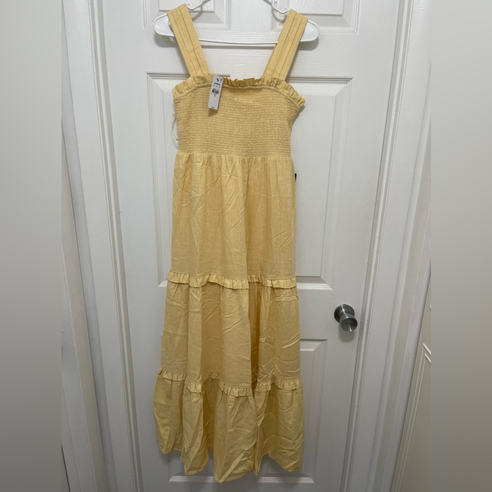 Linen-Blend Square Neck Smocked Tiered Maxi Dress.